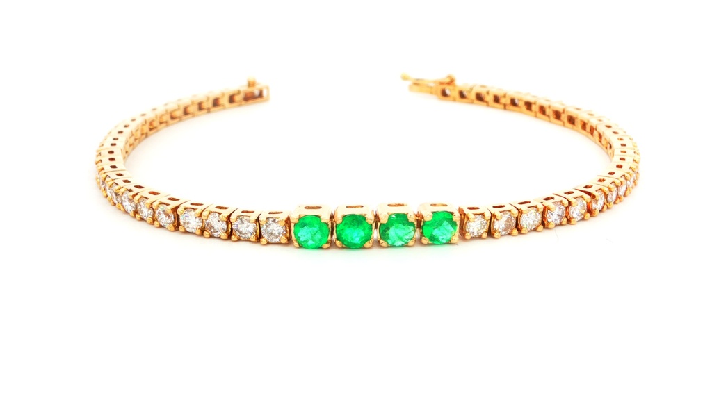 PULSERA TENNIS DIAMANTES Y ESMERALDAS ORO AMAROLLO