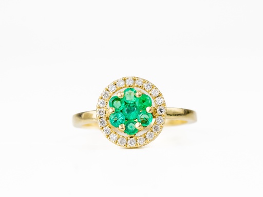 [HA189] ANILLO SOLITARIO FLOR ESMERALDAS Y DIAMANTE ORO AMARILLO   